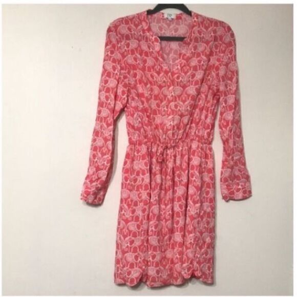 Crown & Ivy Women’s Size 10 Elephant Print Cinch Waist Dress Pink Long Sleeve - Picture 10 of 11